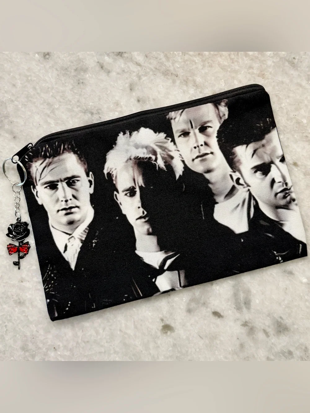 New Depeche Mode Retro 80s 90s Style Zippered Fabric Makeup Bag w/ Rose Charm